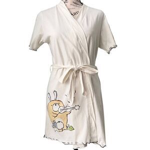 White Printed Wrap Mini Dress/Bathrobe Style in Size Junior Large